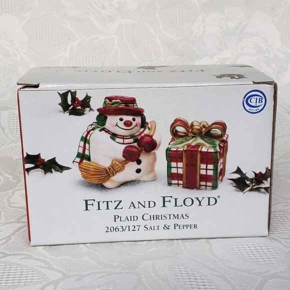 SALT & PEPPER Shaker ~~ Snowman and Gift, Fitz and Floyd Plaid Christmas - Picture 4 of 10